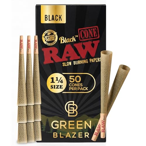 RAW Cones Black 1 1/4 Size: 50 Pack Translucent Extra Fine Pre Rolled Cones & Tips Ultra Thin RAWthentic Paper Patented Slow Burn 84mm