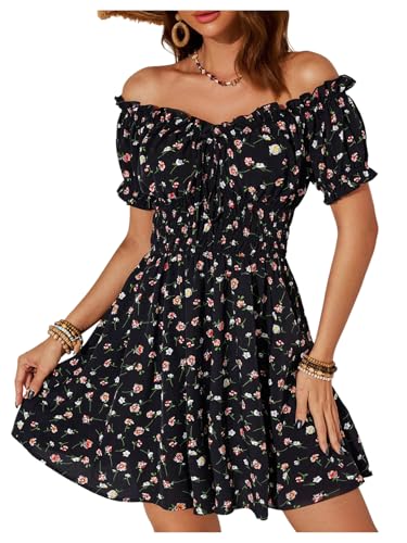 Image of Milumia Women's Floral Off Shoulder Puff Sleeve Short Dress Boho Frill Trim A Line Mini Dresses