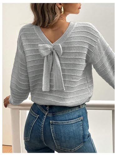 Image of MakeMeChic Women's Bow Sweater Tie Back Long Sleeve Crew Neck Knitted Sweater Pullover Tops Grey Small