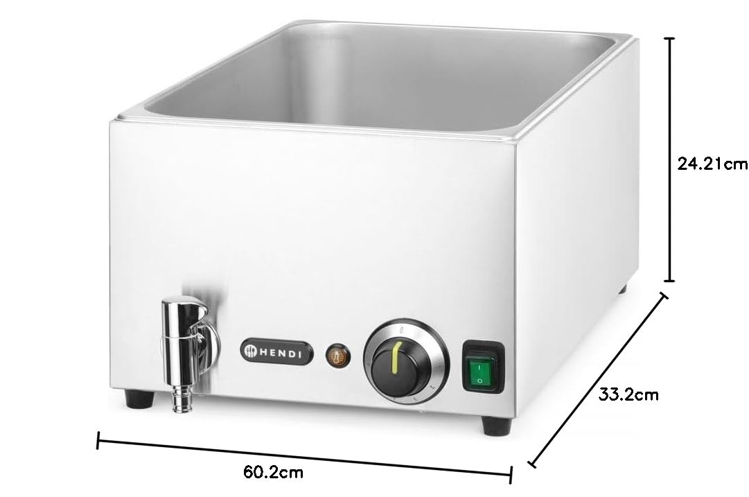HENDI Bain-Marie, mit Ablasshahn, Temperaturbereich: 30° bis 85°C, geeignet für: 1x GN1/1 bis max. 150mm Behälter, Speisenwärmer, Buffetwärmer, GN1/1, 230V/1000W, 605x332x(H) 242mm, Edelstahl | Edelstahl, 19L, 230V/1000W, 30-85°C, 605x332x(H)242mm, passen