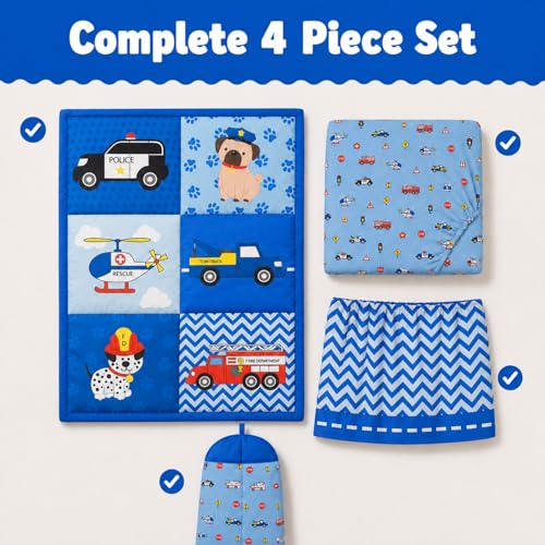 Image of EVERYDAY KIDS 4 Piece Boys Crib Bedding Set - Little Rescuer - Includes Quilt, Fitted Sheet, Dust Ruffle and Diaper Stacker - Nursery Bedding Set - Baby Crib Bedding Set