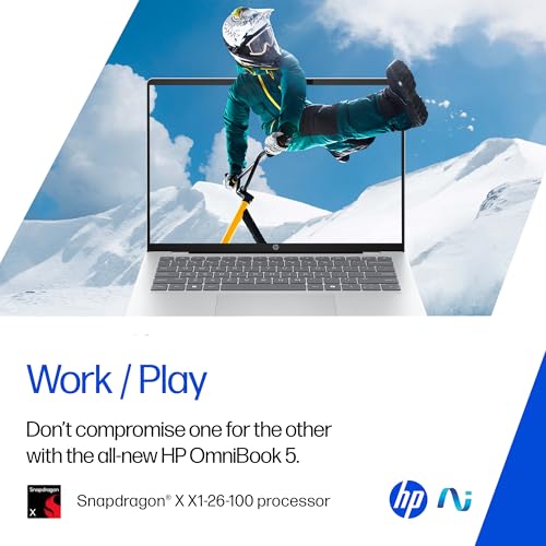 Image of HP OmniBook 5 OLED (Previously Pavilion), Snapdragon X Processor (16GB LPDDR5x, 1TB SSD) 2K, 14'' /35.6cm, Win11, M365 Basic(1yr)* Office24, Silver, 1.35kg, he0015QU, Light-Weight, Next-Gen AI Laptop