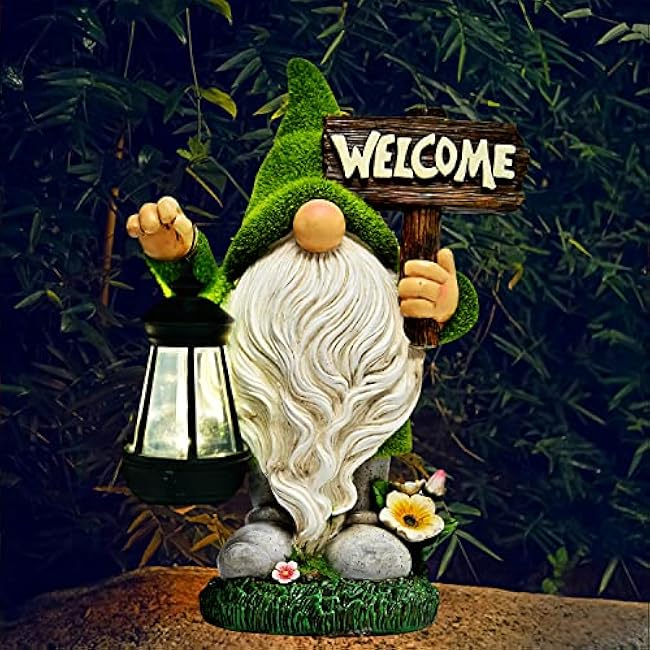 ASAWASA Gnomes Decorations for Yard with Solar LED Light, 10.8 Large Outdoor Funny Garden Lawn Gnome Decor with Welcome Sign