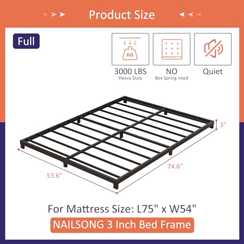 Image of Nailsong 3 Inch Bed Frame Full Low Profile, Full Size Metal Bed Frame No Box Spring Needed, Heavy Duty Metal, Easy Assembly, Black