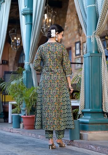 Image of MIRCHI FASHION Women Cotton Printed and Embellished Jaipuri Kurti Set with Pant with Dupatta