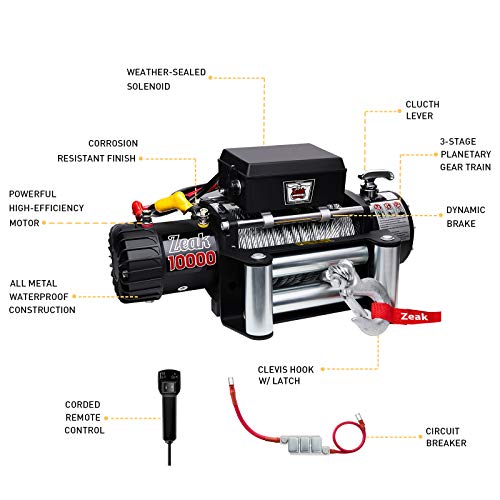 ZEAK 10000lb. Advanced Electric Power Winch, 12V DC Waterproof, for Truck SUV Off Road Auto Wire Cable, Galvanized