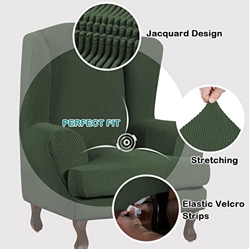 Image of Turquoize Wingback Chair Covers 2 Piece Wing Chair Slipcover Stretch Slipcovers for Wingback Chairs Wing Chair Cover Spandex Jacquard Fabric with Elastic Bottom Non-Slip Furniture Cover, Bronze Green
