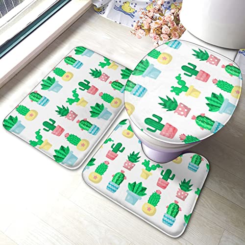 UBINYSS Badematte + Konturmatte + Toilettendeckelbezug, Süßer Sukkulenten Kaktus 3 Stück Badematte Set, mit rutschfester Klebeunterseite