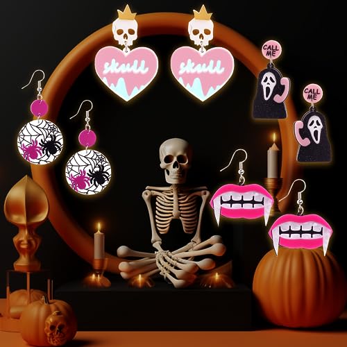 JeanBeau Halloween Skull Pink Heart Skeleton Spooky Ghost Bat Vampire Mouth Drop Dangle Acrylic Earrings Set for Women Cute Gothic Party Holiday Accessories Fashion Costume Jewelry Gift3