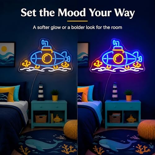 Image of Submarine Neon Sign, RGB Color Changing, 16.5 inch x 10.7 inchIN | LED Underwater Sub Light, USB Powered, Wall Decor, Gamer Room Aesthetic, Boys Bedroom & Man Cave