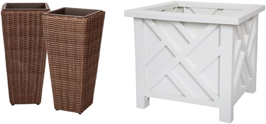 Patio Sense 62501 Alto Wicker All-Weather Planter Set - Mocha - Pack of 2 & Lattice Design Planter Box – 14.75"-Square Decorative Outdoor Flower or Plant Pot