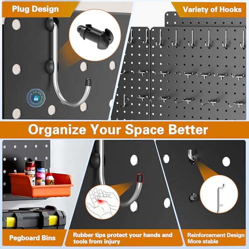 Image of Peg Board, 112PCS Heavy Duty Metal Pegboard with Hooks, 6 Pack Black Peg Board Panels, 60lbs Load Capacity Each, Pegboard Wall Organizer for Garage, Workshop, Kitchen, Craft Rooms