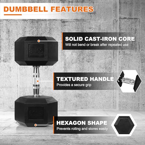 Image of Fitvids Hex Dumbbells Rubber Coated Hand Weights for Exercises and Fitness, 10-50LB Option