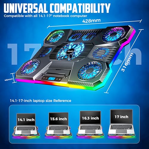 Image of CLAW Storm Pro A21 Laptop Cooling Pad with 9 Fans (6x60mm + 4x85mm, Up to 2400 RPM), RGB Lighting, LCD Display, Mobile Stand, 9 Height Levels, USB & Type-C Ports, Fits Up to 17-Inch Laptops - Black