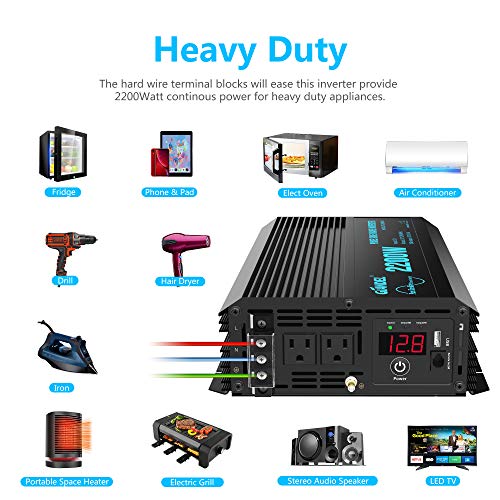 Pure Sine Wave Power Inverter 2200Watt DC 12volt to AC 120volt with Dual AC Outlets and 2.4A USB Port & LED Display Remote Controller for RV Trucks Boats and Emergency【3 Years Warranty】 - Thumbnail 5
