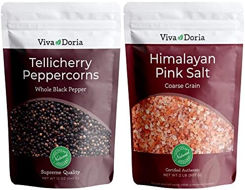 Viva Doria Tellicherry Peppercorn - Black Peppercorns (Steam Sterilized Whole Black Pepper) 12 oz and Himalayan Pink Salt (Coarse Grain) 2 lb for Grinder Refills