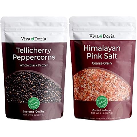 Viva Doria Tellicherry Peppercorn - Black Peppercorns (Steam Sterilized Whole Black Pepper) 12 oz and Himalayan Pink Salt (Coarse Grain) 2 lb for Grinder Refills Cover