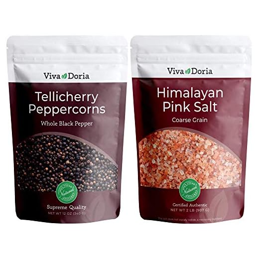 Viva Doria Tellicherry Peppercorn - Black Peppercorns (Steam Sterilized Whole Black Pepper) 12 oz and Himalayan Pink Salt (Coarse Grain) 2 lb for Grinder Refills