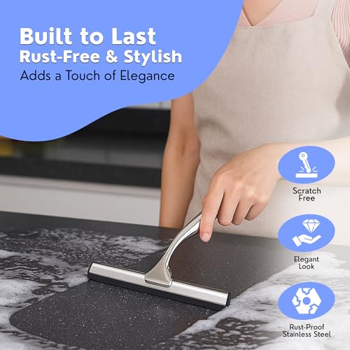 Image of All-Purpose Shower Squeegee for Shower Doors, Bathroom, Windows, Mirrors, Tiles, and Car Glass - 11 Inches Stainless Steel with Hook (Silver)