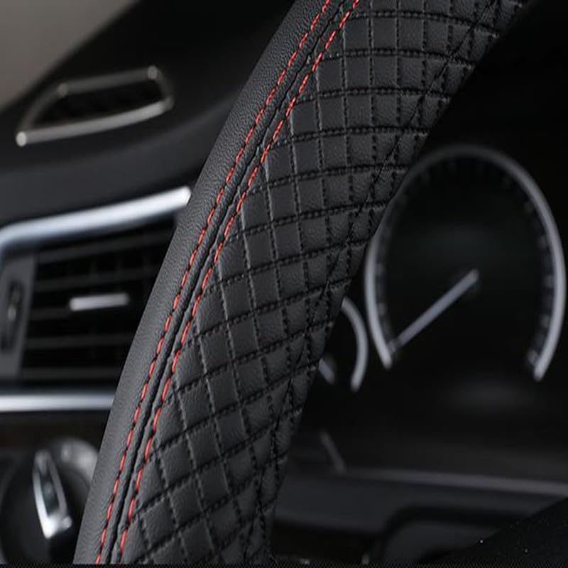 Image of Leather Steering Wheel Cover Fit 14.5-15 Inch Anti-Slip, Breathable, Heat Resistant - Car Accessories for Cars, SUVs & Sedans -114 Black Biege for HM Ambassador MPFi