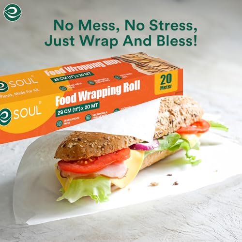 Image of EcoSoul | Food Wrapping Paper Roll | 11 inch x 20 m - Pack of 1 | Eco-Friendly Butter Wrap Paper | Grease-Resistant, Food-Safe | for Wrapping, Packing & Serving Like Roti Wrapping Paper Sheet