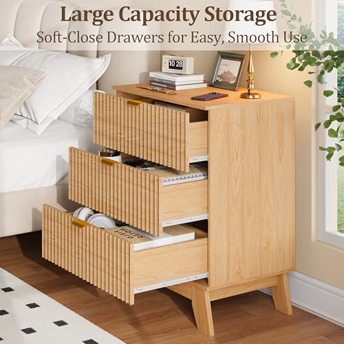 Image of Fluted Nightstand with 3 Large Drawers, Wooden Side End Table with Elevated Legs for Easy Cleaning, Sturdy Modern Beside Table for Small Space, Bedroom, Oak, 24 inch L