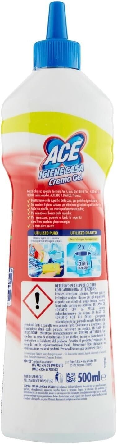 15x ACE Igiene Casa Crema Gel con Candeggina,Detergente per Casa, 500ml + 1x Gingerino Recoaro Aperitivo Italiano 10cl IN OMAGGIO