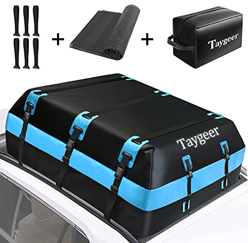 Taygeer Rooftop Cargo Carrier, Waterproof Vehicle Cargo Carriers Rooftop Cargo Bag 21 Cubic Soft-Shell Car Top Carrier with Door Hooks and Anti-Slip Mat, Roof Bag for All Cars with/Without Racks