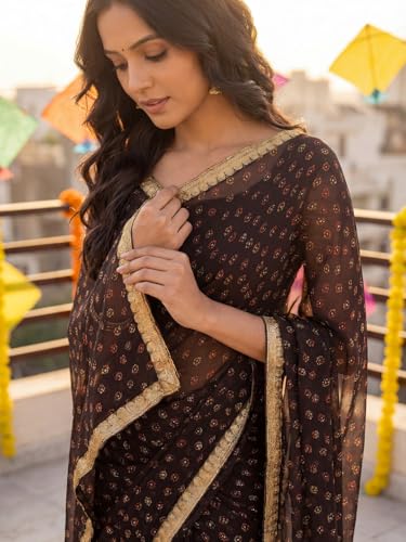 Image of SAREE MALL Women's Brown Chiffon PolkaDot Printed Saree With Unstitched Blouse Piece (2QEN1610 AI2)