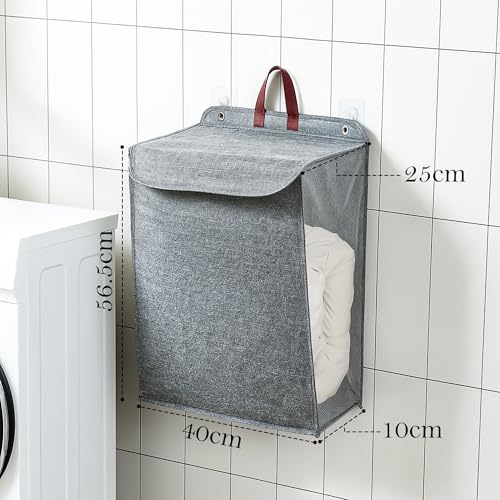 Image of Wall Hanging Laundry Basket Collapsible Laundry Hamper with Handle & Laundry Balls Foldable Space-Saving Dirty Clothes Organizer for Bathroom & Bedroom (Grey, Large)