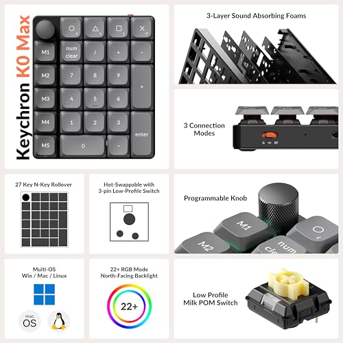 Image of Keychron K0 Max Wireless Low-Profile Number Pad, QMK /VIA Programmable, Hot-Swappable Banana Switch, RGB Backlit, 2.4GHz & Bluetooth 5.3, 1000Hz Polling Rate, with Knob, for Windows /Mac