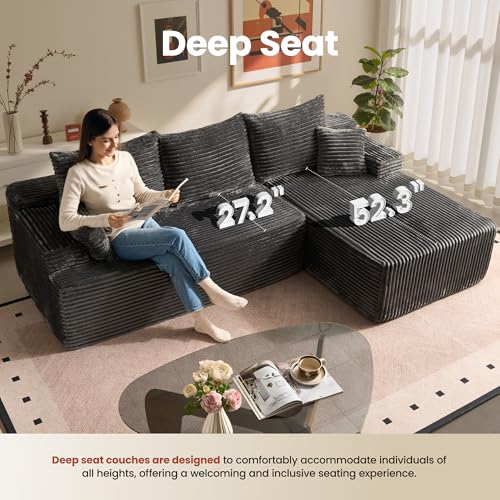 Image of ovios 96 inch Cloud Sectional Couch with L-Shape Chaise,Modern Modular Sofa with Deep Seat, Upholstered Couches for Living Room Bedroom,No Assembly Required, Grey (Plush Corduroy Fabric)