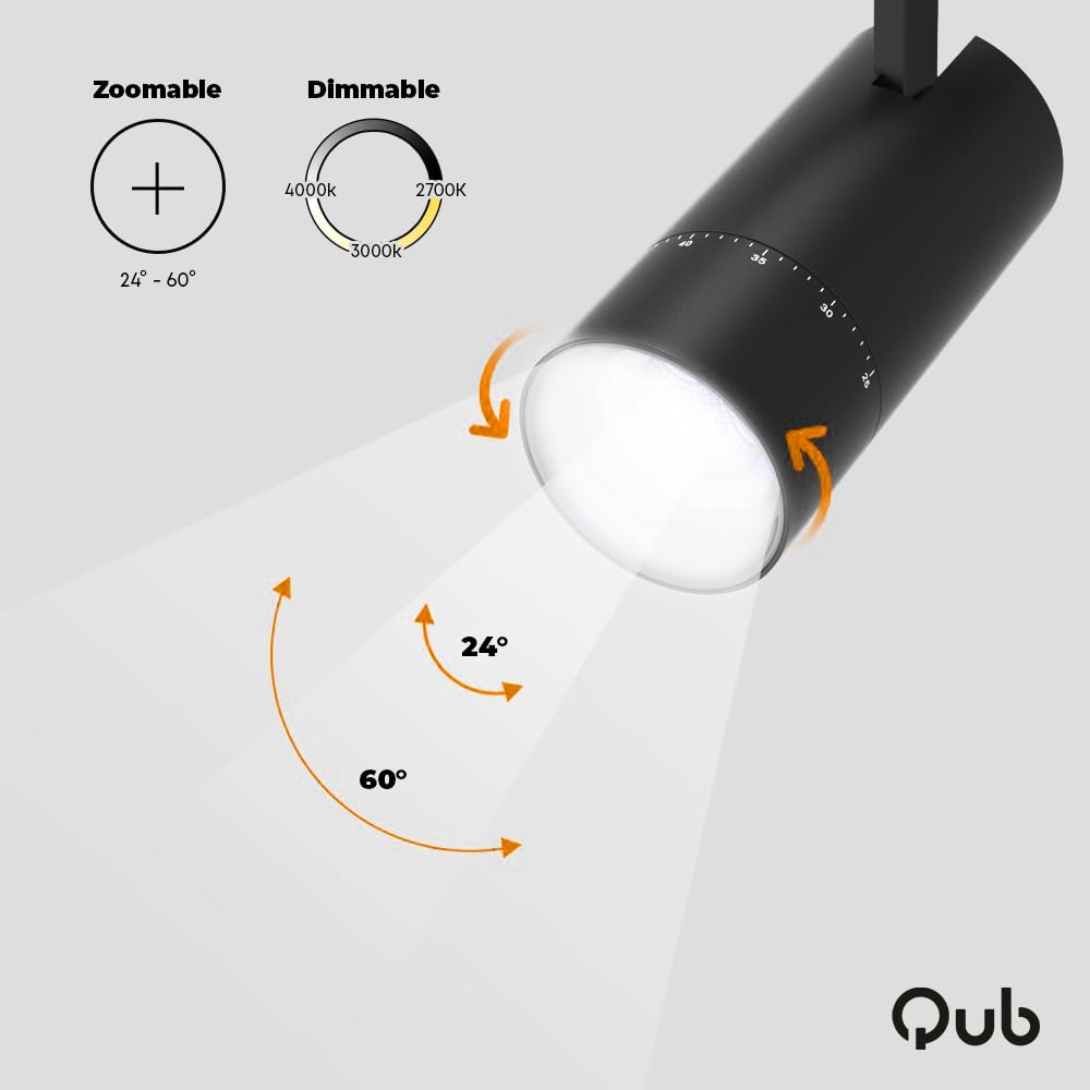 Qub - Kit d'éclairage de rail Zoom LED - Noir, 2 mètres, 4 spots, 3 phases - Luminosité réglable 20/25/30W et couleurs de lumière de la lumière chaude à la lumière du jour (2700K, 3000K et 4000K)