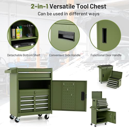 TANGZON Rolling Tool Chest, 2-in-1 Large Capacity Tool Cabinet with Wheels, 5 Drawers & Auto-Locking System, Heavy-Duty Metal Toolbox for Workshop, Warehouse, Garage (Green) 4 TANGZON Rolling Tool Chest, 2-in-1 Large Capacity Tool Cabinet with Wheels, 5 Drawers & Auto-Locking System, Heavy-Duty Metal Toolbox for Workshop, Warehouse, Garage (Green) - Image 4