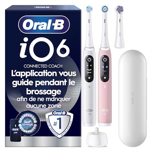 Oral-B Brosses à Dents Electriques iO 6 Duo, 3 Brossettes, Grise et Rose – 5 Modes de Brossage dont Blancheur et Soin des Gencives, Capteur de Pression, Batterie Rechargeable, Etui