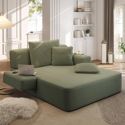 Haquiro 60.2 Oversized Chaise Lounge Chair Boneless Corduroy Cloud Couch Deep Seat Convertible Sofa Bed with 3 Pillows Wide Armrests Side Pocket No Assembly (Green)