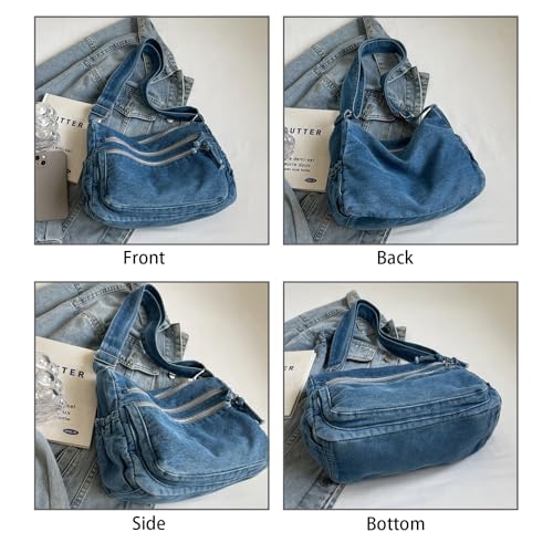 Image of Large Denim Purses for Women Denim Tote Bag Casual Retro Crossbody Lightweight Shoulder Bag Canvas Handbags
