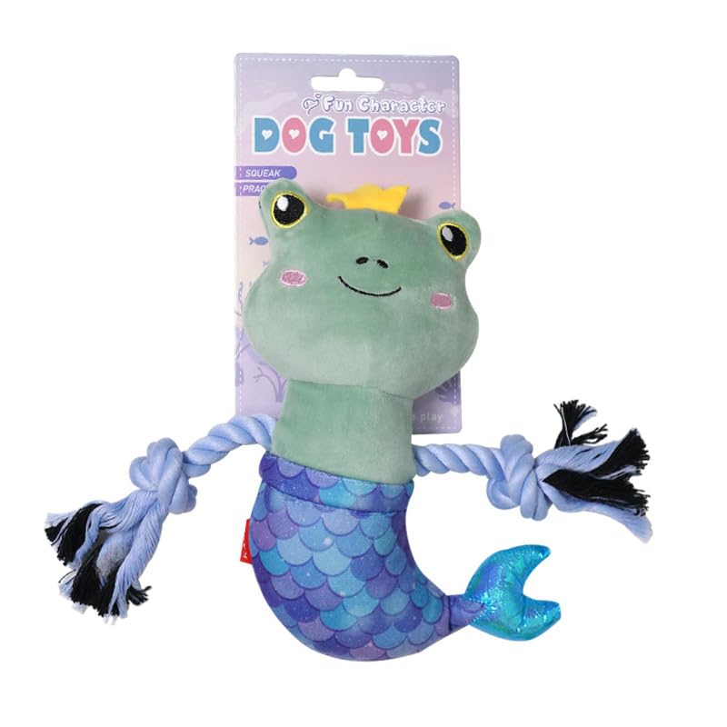 Juguete de peluche para perros con chirriador, juguete de cuerda masticable duradero con cola de pez de lentejuelas y cabeza de animal, juego interactivo para perros pequeños, medianos y grandes (rana