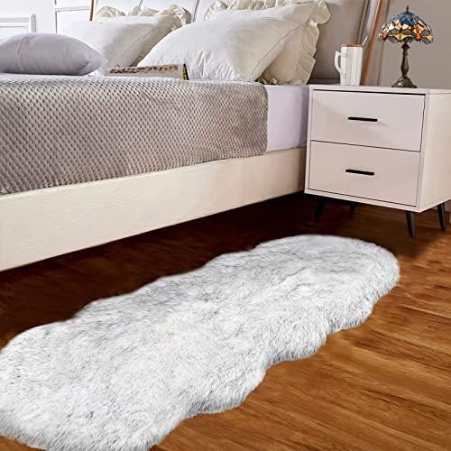 Goolela White and Grey Rug Runners 2x6 Super Soft Faux Sheepskin Rug Furry Fluffy Rug for Bedroom Machine Washable Shag Rug Plush Floor Rug for Dorm Playroom Home Decor, Sheepskin