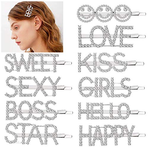 10 Pcs English Letter Words Hairpin Hair Clips for Women Girls Barrette Luxury Sparkly Rhinestone Bangs Clip Hair Accessories