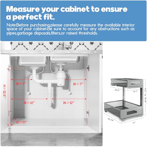 Image of 1 Pack-11.4 inch-16.14 inch H Under Sink Storage Organizer, Large 2-Tier Elegant Mesh Pull Out Shelf for Kitchen & Bathroom Cabinet Organization, L-Shaped, Adjustable Height-Gun Gray