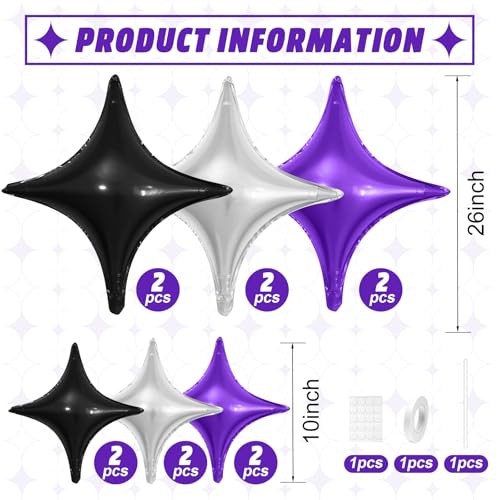 Image of Black Purple Silver Star Balloons,12Pcs Four Angle Star Foil Balloons