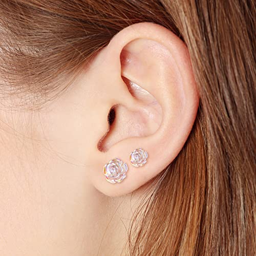 Plastic Post Earrings for Sensitive Ears, KMEOSCH 2 Pairs (6mm & 8mm) Clear 3D Rose Non-metal Fully Plastic Stud Earrings for Women - Unique, Elegant Comfortable, Chic, Light2