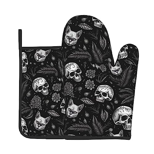 Gothic Skull Cat Oven Mitts and Pot Holders Set Black Goth Kitchen Cooking Gloves Heat Resistant Pad for Baking BBQ Home Decor