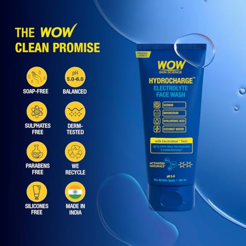 Image of WOW Skin Science Hydrocharge Electrolyte Face Wash with ElectroDew Tech | India's 1st Electrolyte Cleanser with Sodium, Magnesium, Hyaluronic Acid & Coconut Water | pH 5-6 | 100ml