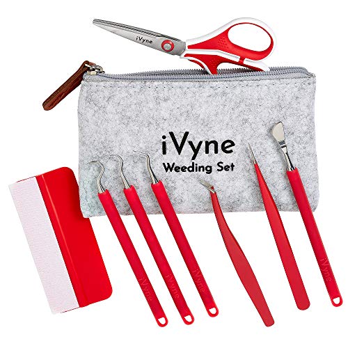 iVyne (8pcs) Berry Essentials Silicone Vinyl Weeding Tool Kit Best Soft Grip Tools with Weeder, Tweezers, Picker Or Hook, Scissor and Scraper Set for Silhouette Cameos Cricut and Paper Craft (Red)