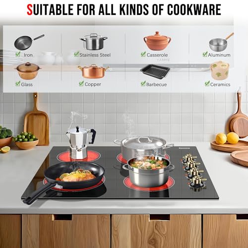 Image of Karinear 24 Inch Electric Cooktop 4 Burners Electric Stove, Knob Control | 6000W High Power Radiant Ceramic Cooktop, Built-in Design, 220-240V Hardwire, No Plug, Overheat Protection(Gold Knob)