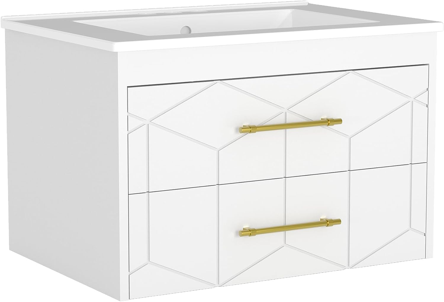 IDEALHOUSE Floating Bathroom Vanity with Sink 24 inch, Modern Bathroom Sink Cabinet, Ceramic Vanity Top, 2 Large Storage Drawers with Gold Metal Handle, Easy to Assembly, White