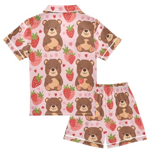 ALAZA Cartoon Strawberry Bear Pajamas Satin Pajama Set Short Sleeve Button Down Sleepwear2