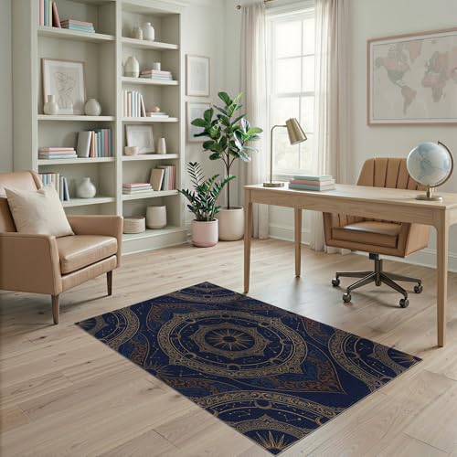 ODIKA 4'x6' Washable Oriental Star Accent Rug, Navy Blue Non-Shedding Small Carpet Pet Friendly & Non-Slip for Playroom, Bedroom, Reading Nook | Ref:2001376